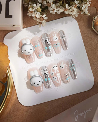Miffy's Vacay medium coffin nails with 3D headphone rabbit and silver chrome design