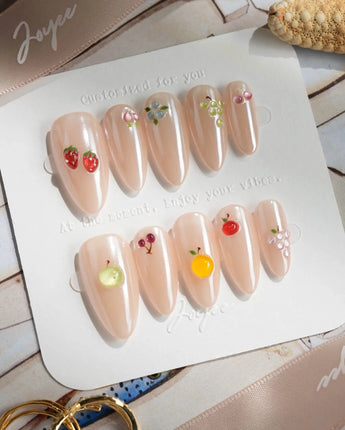 Mini Fruit nude chrome press-on nails with sculpted candy fruit details