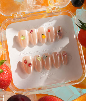 Mini Fruit handmade press-on nails featuring Nude, Tiny 3D Candy Fruits