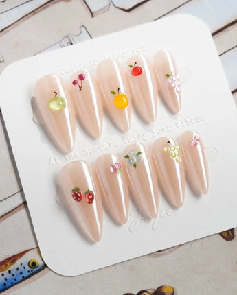 Mini Fruit handmade minimalist fruit nails with nude base and gel shine