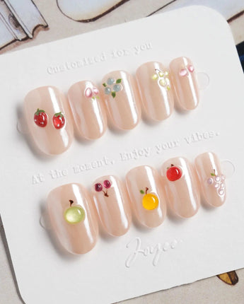 Mini Fruit handmade press-on nails with nude chrome base and fruit art