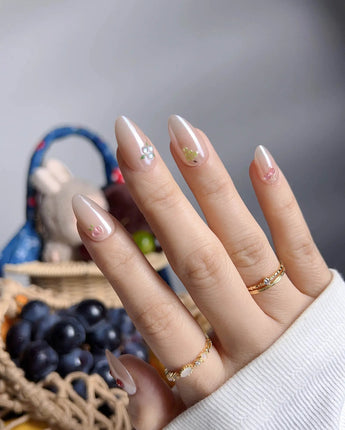 Mini Fruit cat-eye chrome nails with subtle 3D fruit highlights