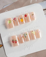 Mini Fruit summer picnic press-on nails with tiny fruit gel highlights