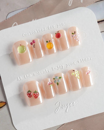 Mini Fruit summer picnic press-on nails with tiny fruit gel highlights