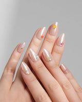 Mini Fruit extra short almond nude nails with tiny sculpted candy fruits