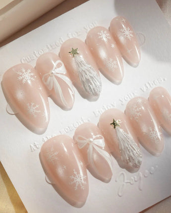 Snowfall press-on nails — pearl nude cat eye