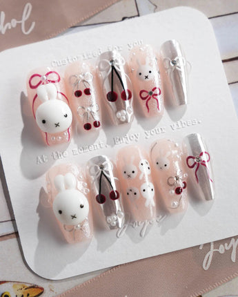 Miss Miffy medium coffin press-on nails with 3D rabbit, cherries and silver metallic details