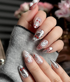 Miss Miffy press-on nails with silver metallic details, 3D rabbit art and cherry accents