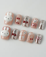 Miss Miffy short square press-on nails with silver metallic details, rabbit and cherry nail art