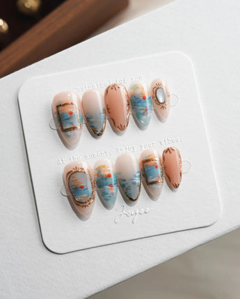 Monet Sunrise press-on nails close-up with loose impressionist strokes and glossy finish