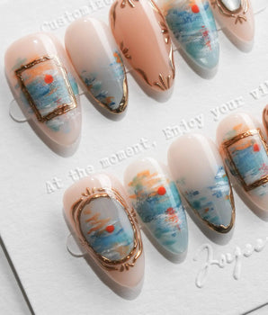 Monet Sunrise S press-on nails in short almond with impressionist blue brushstrokes