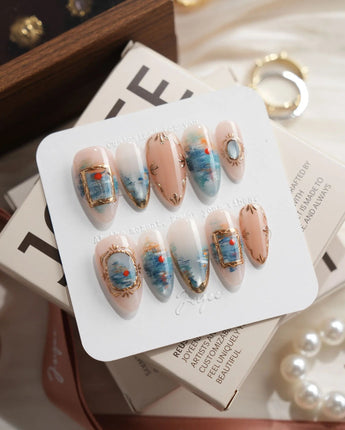 Monet Sunrise Medium Almond press on nails, handmade custom nails by Joyeenails