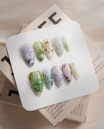 Monet's Canvas nail art close-up showing Monet's Garden, Hand-painted Wildflowers & Oil Painting Smudge. details