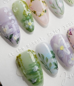 Monet's Canvas handmade press-on nails featuring Monet's Garden, Hand-painted Wildflowers & Oil Painting Smudge.
