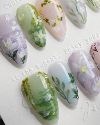 Monet's Canvas handmade press-on nails featuring Monet's Garden, Hand-painted Wildflowers & Oil Painting Smudge.