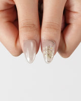 Morning Air press-on nails in short almond shape — Fresh Creamy Nude, Hand-painted Metallic Daisies & Simple gold Wire.