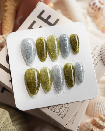 Moss Code Medium Almond press on nails, handmade custom nails by Joyeenails