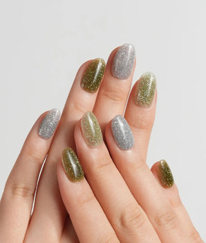 Moss Code handmade press-on nails featuring Vintage Olive Green & Silver Glitter, Minimalist Reflective Skittles Style.