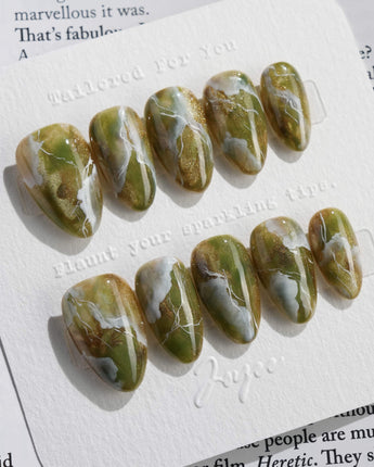 Mosses - Nightlight Moss nails — Vintage Herbal Green, Marble by Joyee Nails