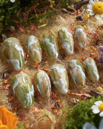 Mosses - Nightlight Moss handmade press-on nails featuring Vintage Herbal Green, Marble Texture & Gold Foil Accents.