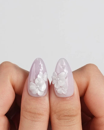 Moth Orchid handmade press-on nails featuring Dreamy Light Lavender Gradient, 3D White Camellias & Minimalist Silver Beads.