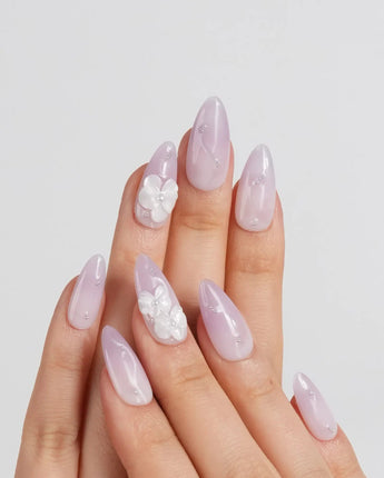 Moth Orchid nail art close-up showing Dreamy Light Lavender Gradient, 3D White Camellias & Minimalist Silver Beads. details