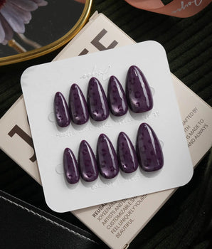 Mulberry leopard cat eye press on nails, cool plum base with a lilac shimmer band and hand-painted black leopard spots - image 2
