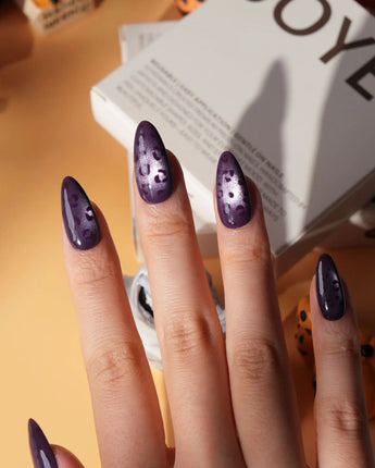 Mulberry leopard cat eye press on nails, cool plum base with a lilac shimmer band and hand-painted black leopard spots - image 5