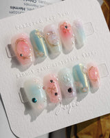 My Backyard press-on nails in short coffin shape — Icy Multicolor, 3D Gold Wire Florals.