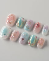 My Backyard press-on nails in short oval shape — Icy Multicolor, 3D Gold Wire Florals.