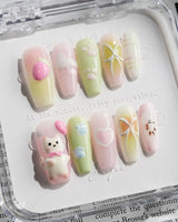 My Kitty press-on nails — Healing Macarons, 3D Cute Cat & Paw Print Doodles. handmade nail art by Joyee Nails