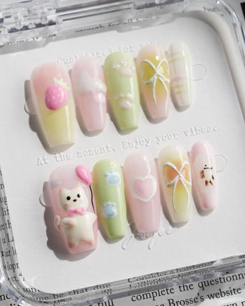 My Kitty press-on nails — Healing Macarons, 3D Cute Cat & Paw Print Doodles. handmade nail art by Joyee Nails