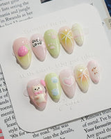 My Kitty press-on nails — Healing Macarons, 3D Cute Cat & Paw Print Doodles. handmade nail art by Joyee Nails