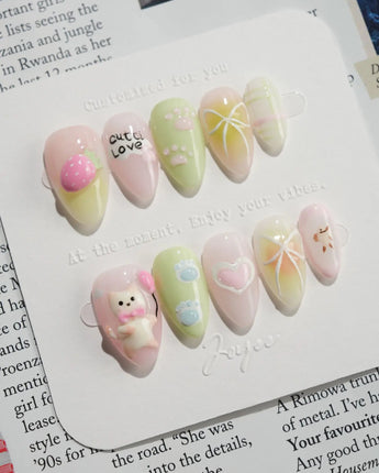 My Kitty press-on nails — Healing Macarons, 3D Cute Cat & Paw Print Doodles. handmade nail art by Joyee Nails