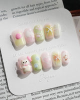 My Kitty press-on nails — Healing Macarons, 3D Cute Cat & Paw Print Doodles. handmade nail art by Joyee Nails