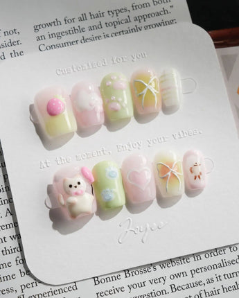 My Kitty press-on nails — Healing Macarons, 3D Cute Cat & Paw Print Doodles. handmade nail art by Joyee Nails