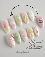 My Kitty handmade press-on nails featuring Healing Macarons, 3D Cute Cat & Paw Print Doodles.