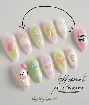 My Kitty handmade press-on nails featuring Healing Macarons, 3D Cute Cat & Paw Print Doodles.
