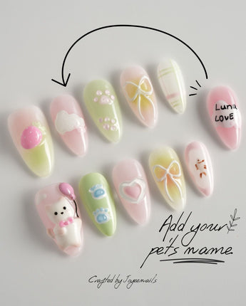 My Kitty handmade press-on nails featuring Healing Macarons, 3D Cute Cat & Paw Print Doodles.