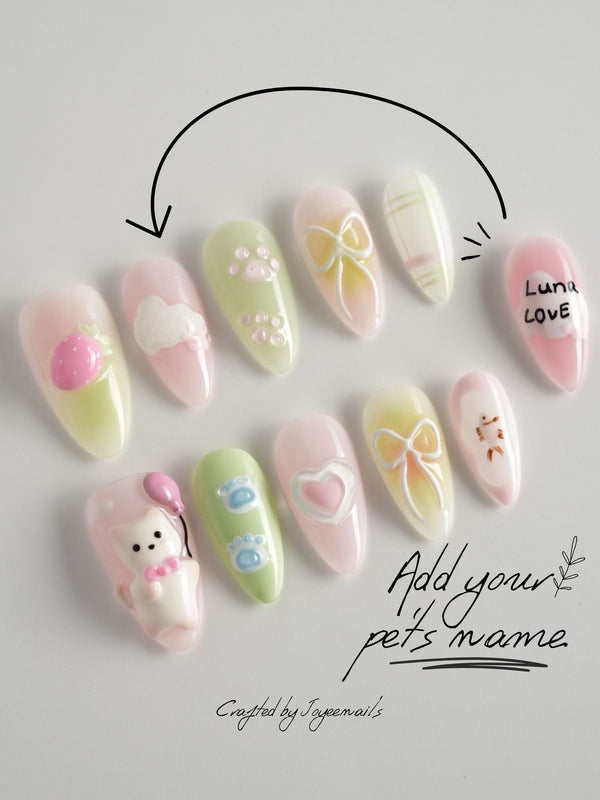 My Kitty handmade press-on nails featuring Healing Macarons, 3D Cute Cat & Paw Print Doodles.