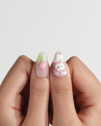 My Kitty press-on nails in short almond shape — Healing Macarons, 3D Cute Cat & Paw Print Doodles.