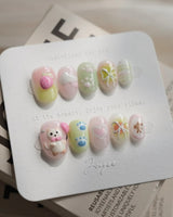 My Kitty press-on nails — Healing Macarons, 3D Cute Cat & Paw Print Doodles. handmade nail art by Joyee Nails
