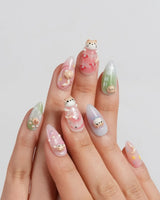 My Lulu cat-inspired nail art with cherries, crescent moons and glossy gel