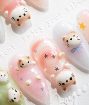 My Lulu press-on nail set with 3D kittens, soft pink and sage green art