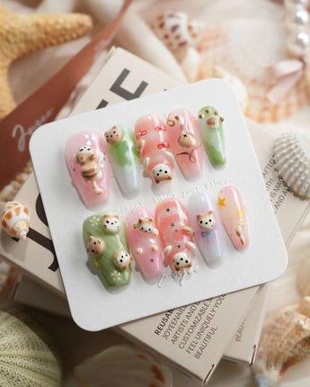 My Lulu medium coffin press-on nails with soft pink cat-inspired gel details