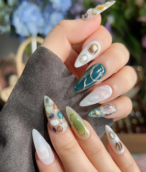 Duskwalk sculpted gem press-on nails with dusky mineral art and glossy 3D texture