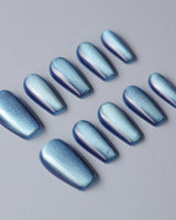 Blue Sky Cat-eye press-on nails — Peacock Blue cat eye  handmade nail art by Joyee Nails