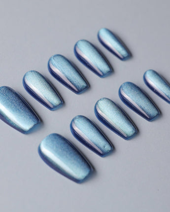 Blue Sky Cat-eye press-on nails — Peacock Blue cat eye  handmade nail art by Joyee Nails