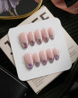 Nebula chrome French press on nails, nude base with a purple to blue to pink iridescent tip and a silver hand-drawn line - image 2