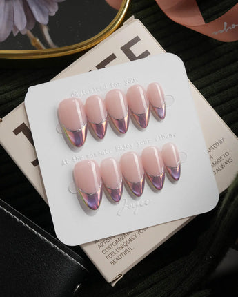 Nebula chrome French press on nails, nude base with a purple to blue to pink iridescent tip and a silver hand-drawn line - image 2